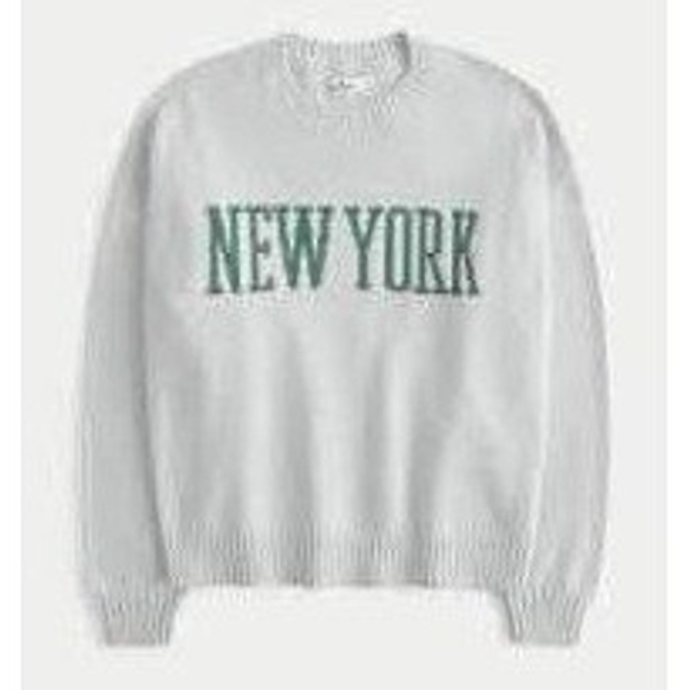 Hollister New York Graphic Sweater‎ Womens Large Gray Green Oversized Crewneck
